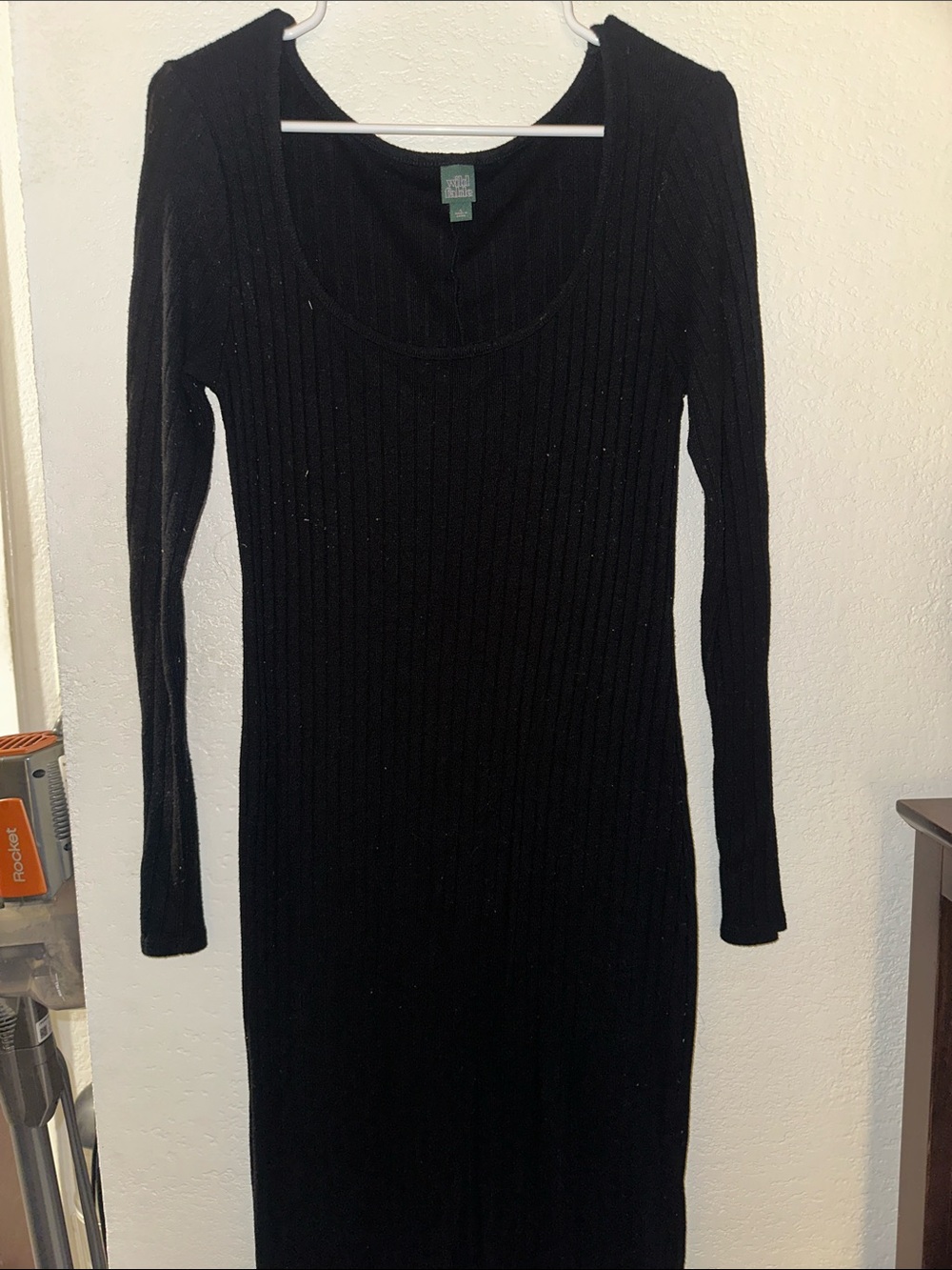 Black Ribbed Long Sleeve Knit Midi Dress